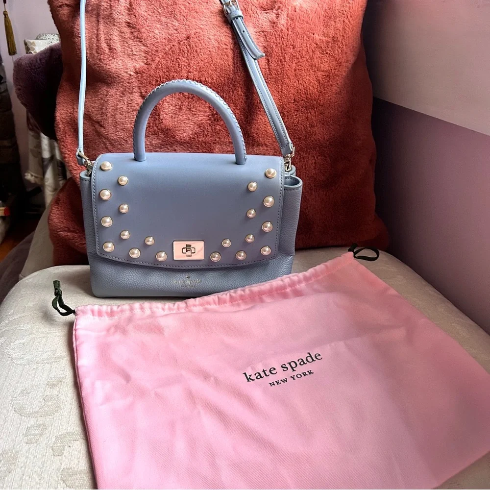 Kate Spade Serrano Place Pearl Shonna Baby Blue Leather Turnlock Flap Crossbody